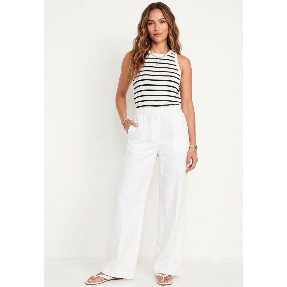 Old Navy White Linen Blend Wide Leg Pants XL Coastal Hamptons Preppy Old Money